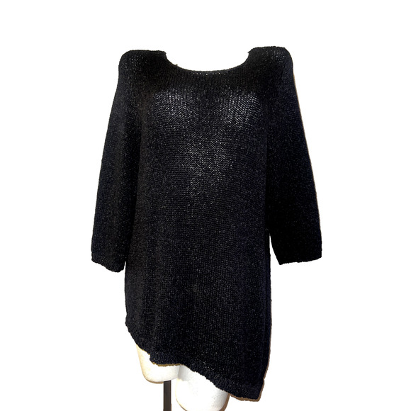 CHICO'S Sweater Size XL (3) Solid Black Glenda Asymmetrical 3/4 Slv Knit Top - Picture 1 of 6